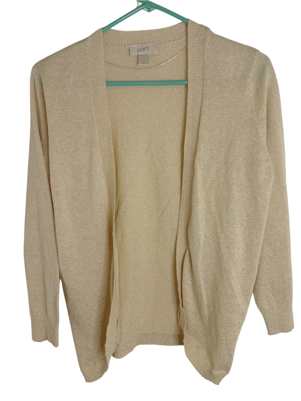 LOFT Shimmery Gold & Cream Open Front Lightweight Cardigan Size Medium